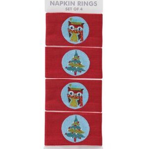 Cozy Owl Woodland Winter Holiday Tree Christmas Fabric Napkin Rings Set of 4